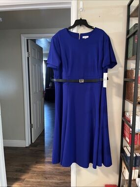 Calvin Klein Cobalt Blue Midi Dress with Black Belt